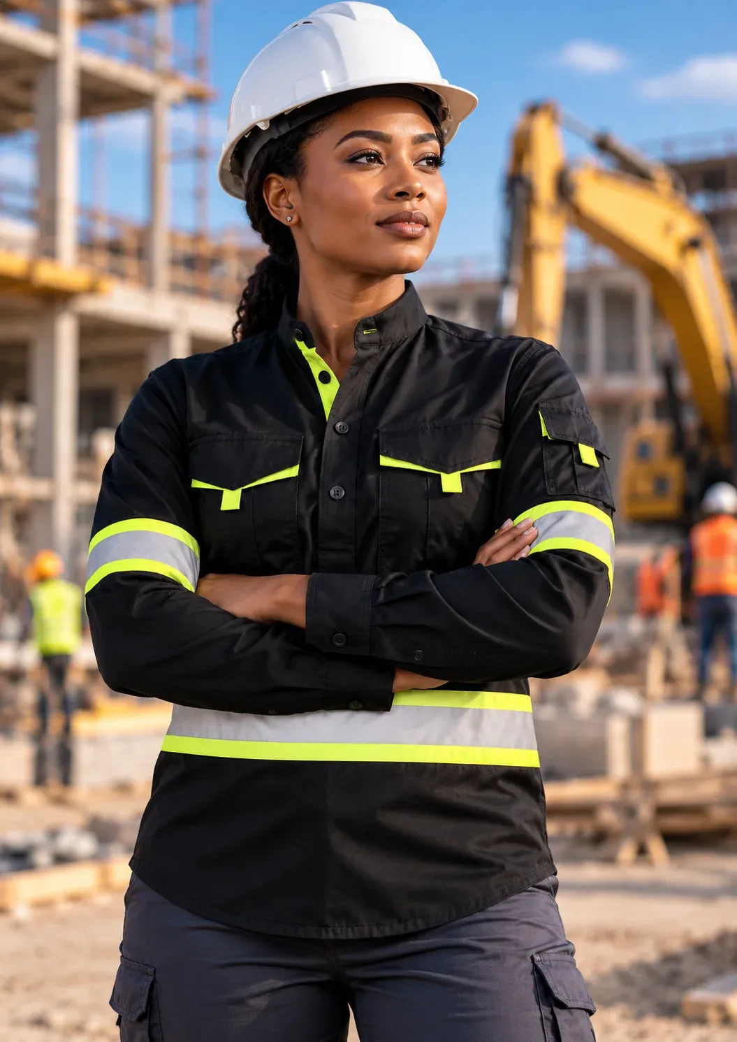 A site worker in a black long-sleeve Standout shirt with lime reflective bands, arms crossed on a construction site