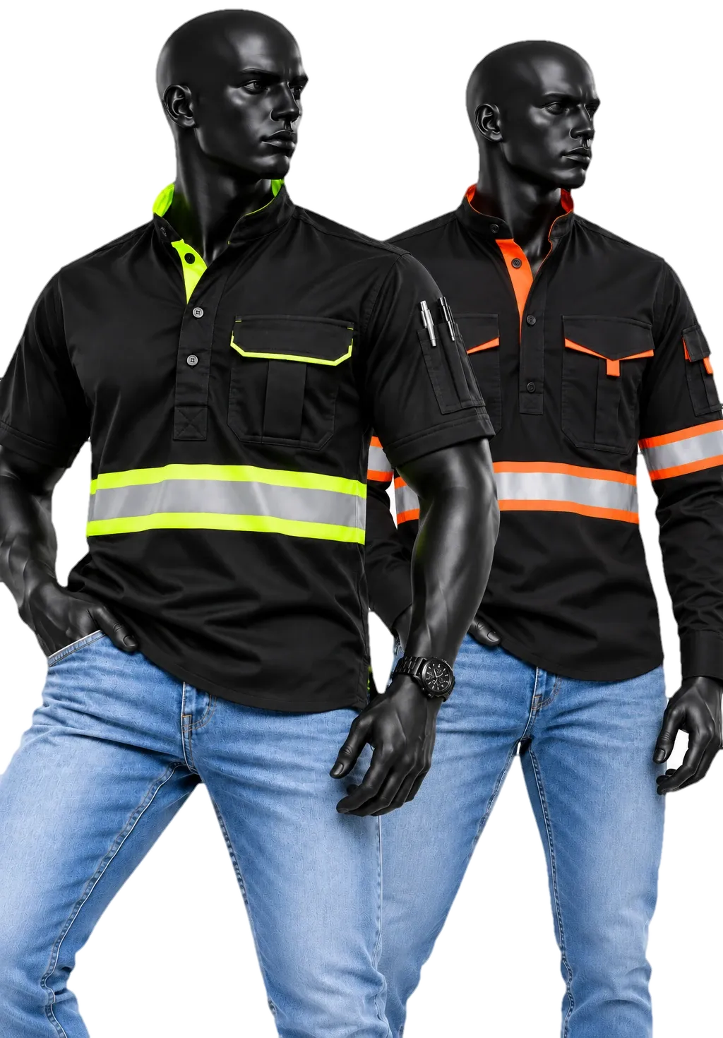 A short-sleeve black and lime shirt next to a long-sleeve black and orange shirt, both worn with jeans