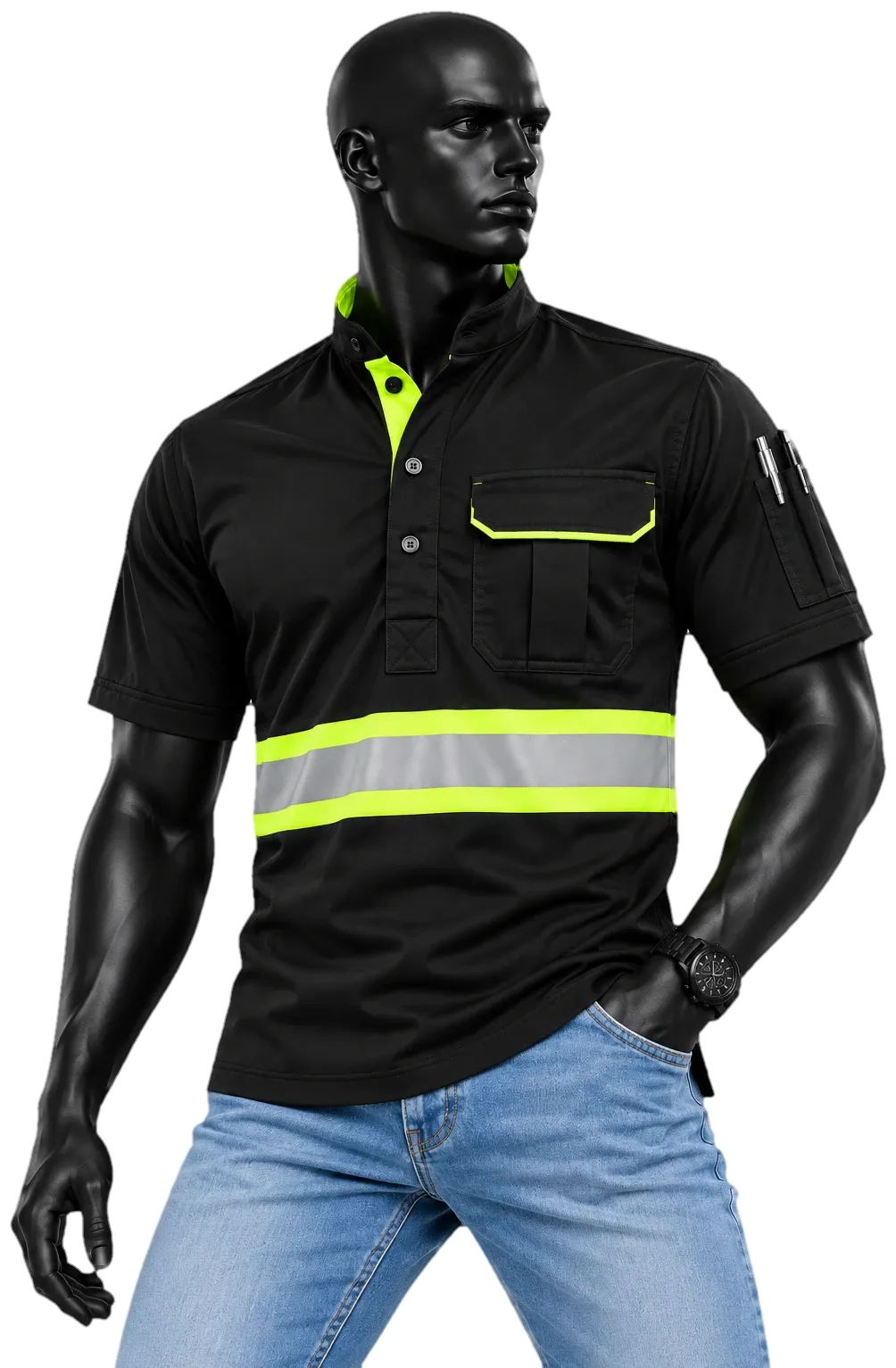 Black short-sleeve Standout Utility Shirt with lime green reflector, worn with jeans